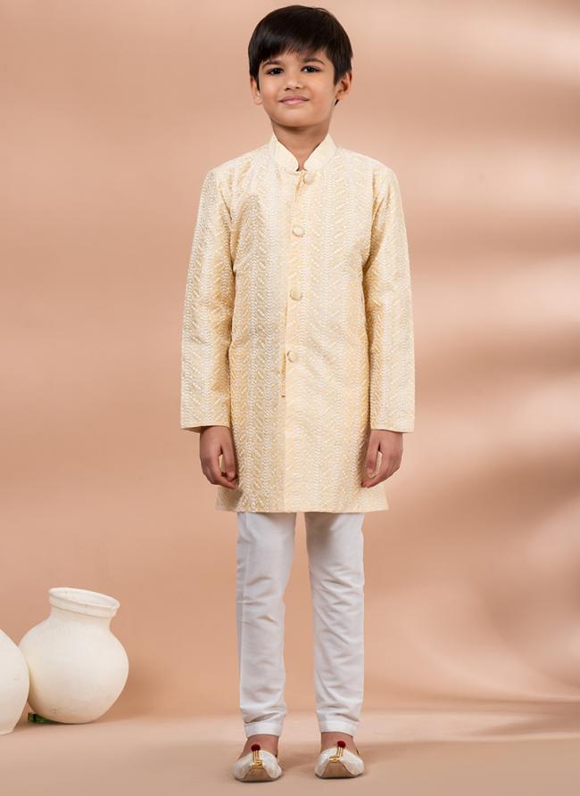 Cotton Gold Color Traditional Wear Digital Printed Kids Kurta Pajama